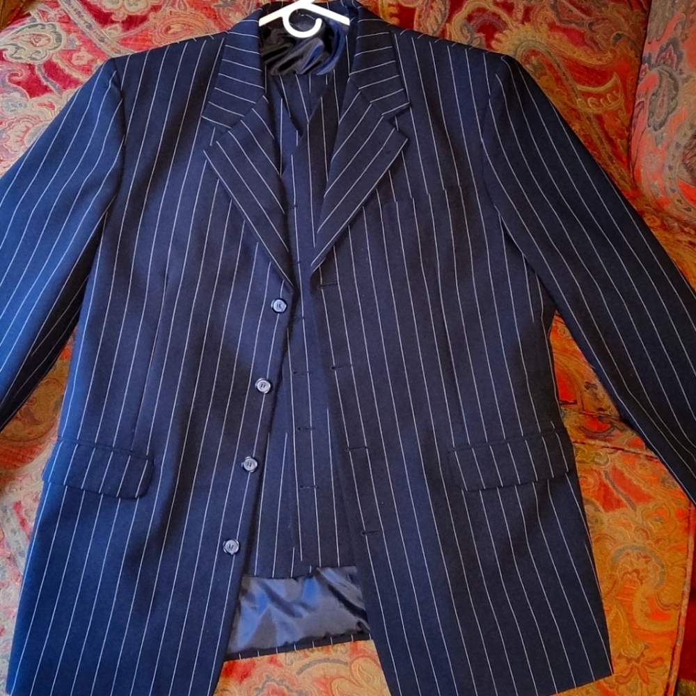Black Three Piece Suit with white pinstripes.